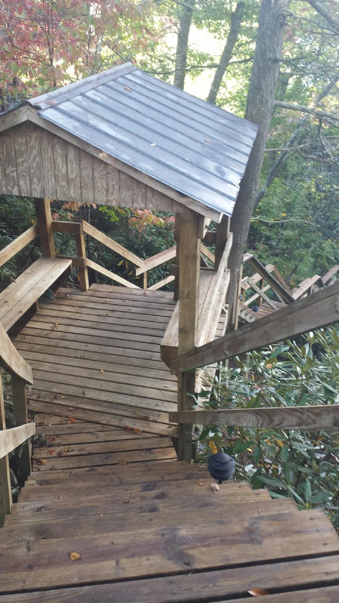 Metal roofed shelter over wooden steps on a wooded walkway — Skylight Repair & Installation work by our crew in Eaton Park